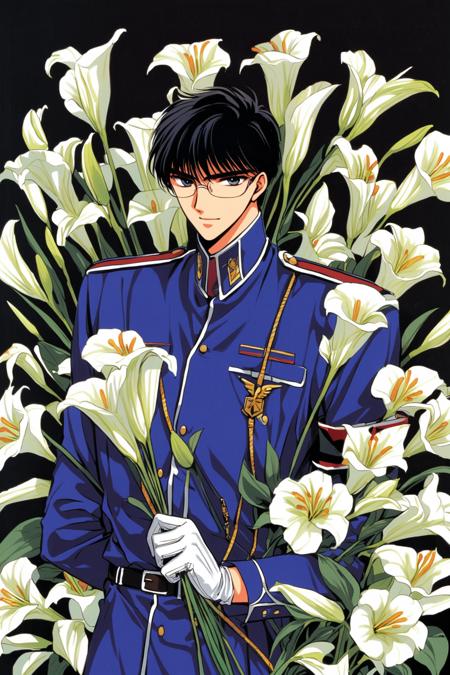 31043-1584101840-Seishiro Sakurazuka,solo,1boy,male focus,flower,gloves,black hair,uniform,white flower,white gloves,holding,glasses,belt,holding.png